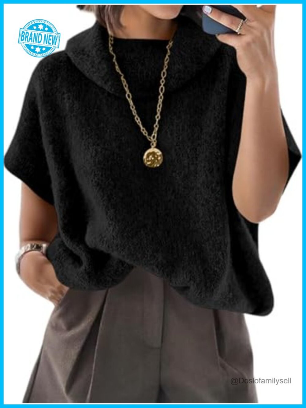 Oversized Turtleneck Sweater Short Batwing Sleeve Loose Fit Knit Pullover Top